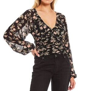Free People Final Rose Black Floral Ruched V-Neck Blouse